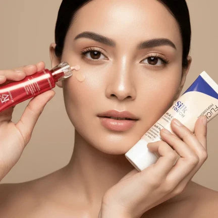 Woman applying skincare products to her face with a beige background