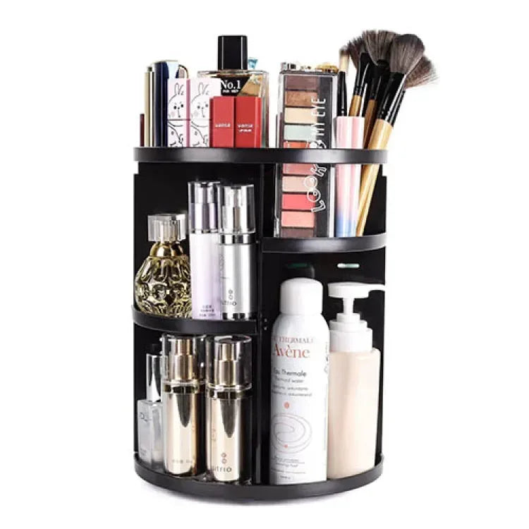 Large black 360° rotating cosmetic organizer by SMARTONLINEMART with adjustable compartments for makeup and beauty storage.
