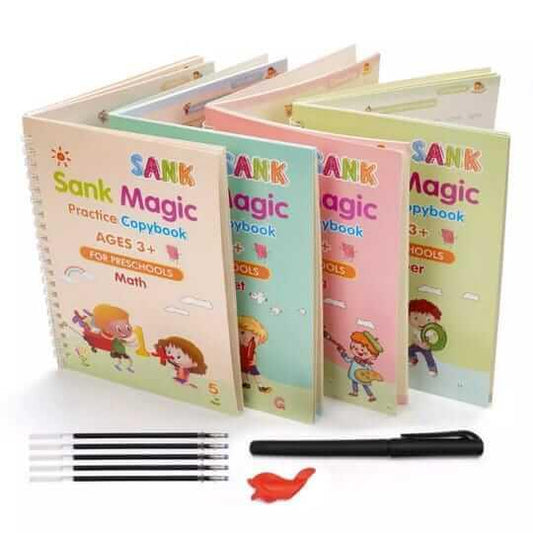 Sank Magic reusable copybook set for kids featuring 4 practice books, magic pen, and disappearing ink refills.