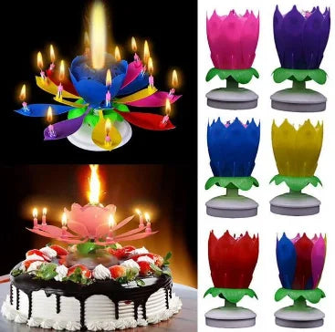 Set of colorful lotus-shaped candles with a black box on a white background
