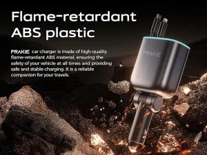 PRAKIE car charger with flame-retardant ABS plastic on a dark background