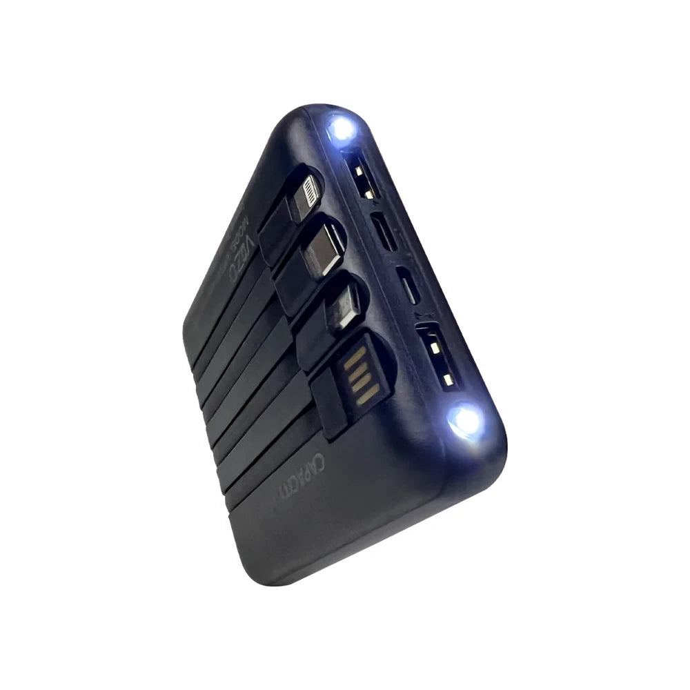 Black power bank with multiple ports on a white background
