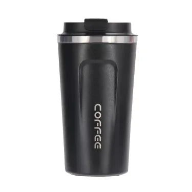 Black coffee tumbler with 'COFFEE' text on a white background