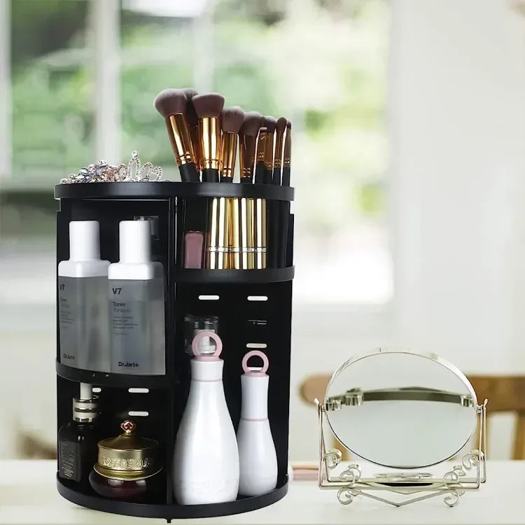 Elegant black 360-degree rotating cosmetic organizer showing multiple tiers for skincare bottles and makeup brushes.