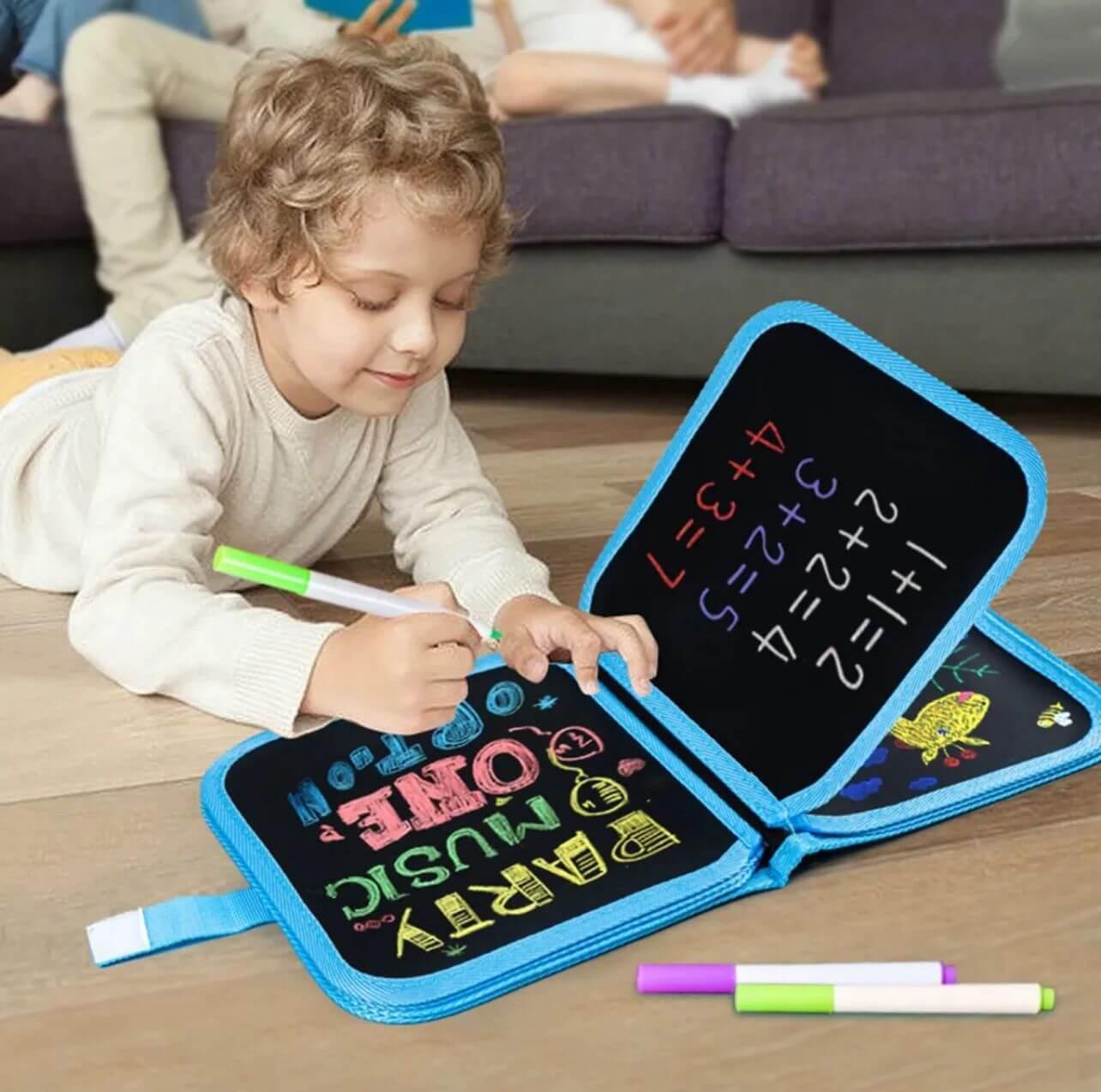 Kids erasable magic doodle book with 3 color markers.