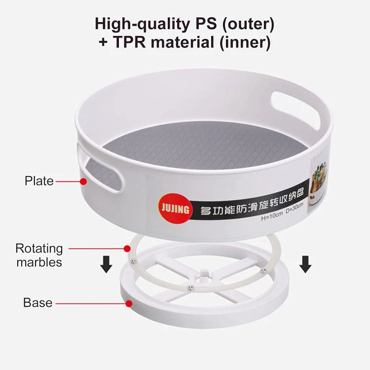 White rotating storage basket with labeled parts on a white background