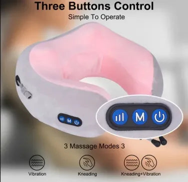 Massage pillow with three buttons labeled for different massage modes on a blurred background.