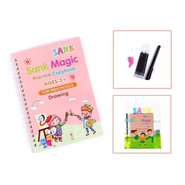 Sank Magic Practice Copybook for preschoolers with drawing illustrations and a set of markers on a white background.