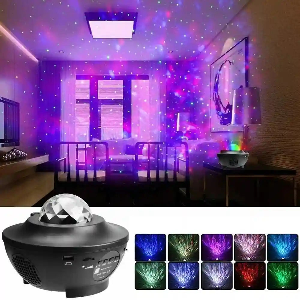 Room with colorful starry light projection, projector on the bottom left, and color options above.