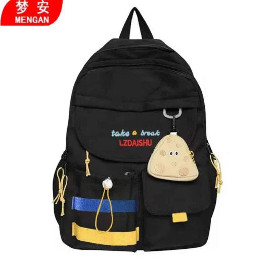 Black backpack with colorful accents and a small pouch on a white background