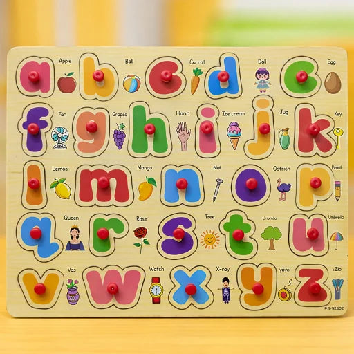 Wooden alphabet puzzle with colorful letters and pictures on a wooden surface.