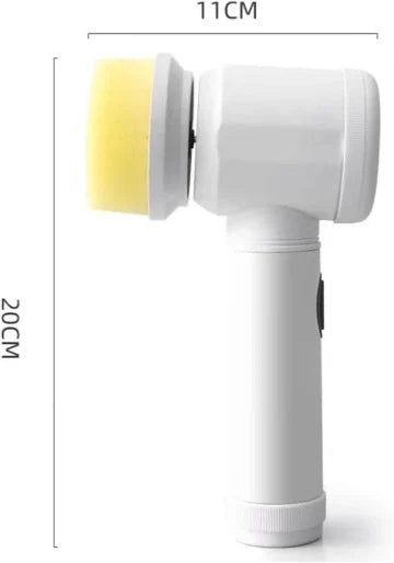 White electronic device with yellow brush attachment, shown with dimensions on a white background