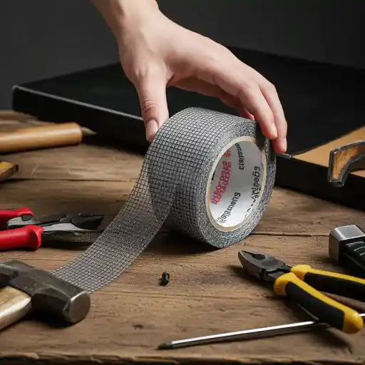 Hand holding a roll of mesh tape on a wooden workbench with tools.