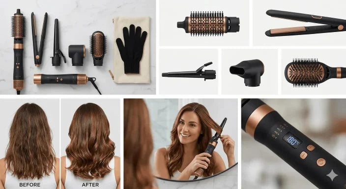 Collection of hair styling tools and their effects on hair, including a hair dryer and various attachments.