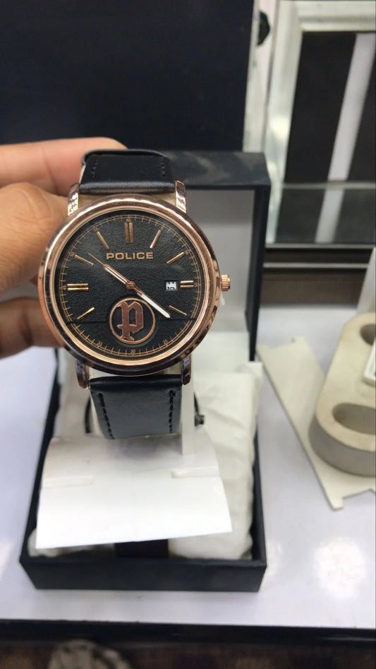 Police watch elegant design front view showing dial with date display