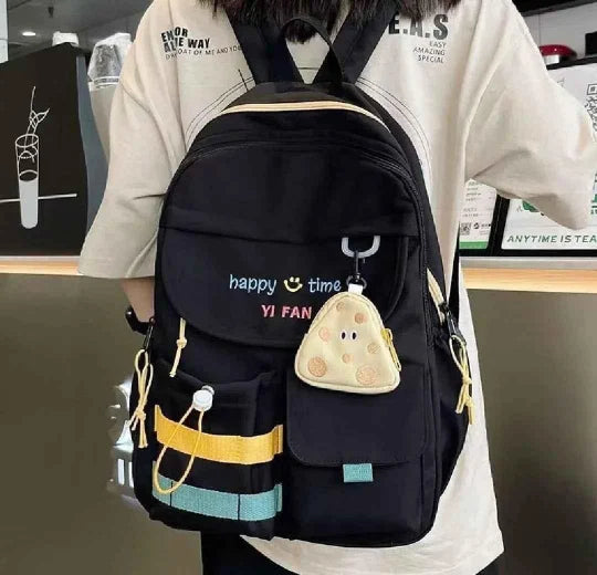 Black backpack with colorful accents and a small pouch worn by a person indoors.