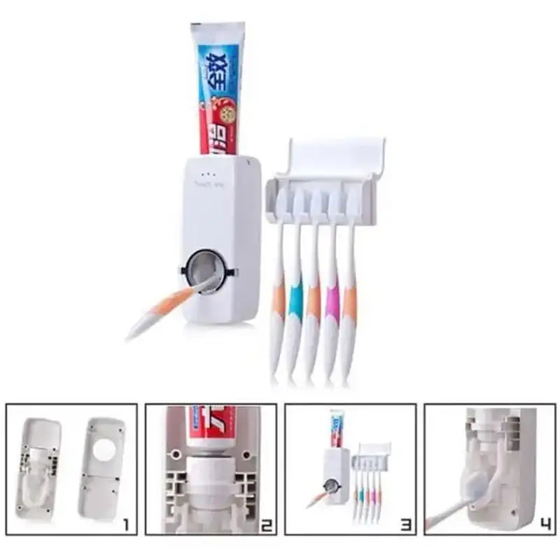 White toothbrush holder with toothpaste and multiple toothbrushes on a white background