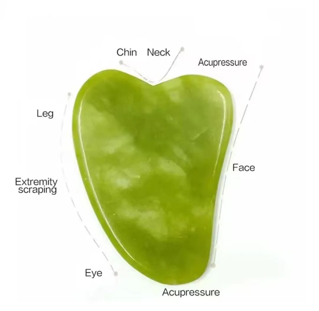 Green gua sha tool with labeled areas on a white background