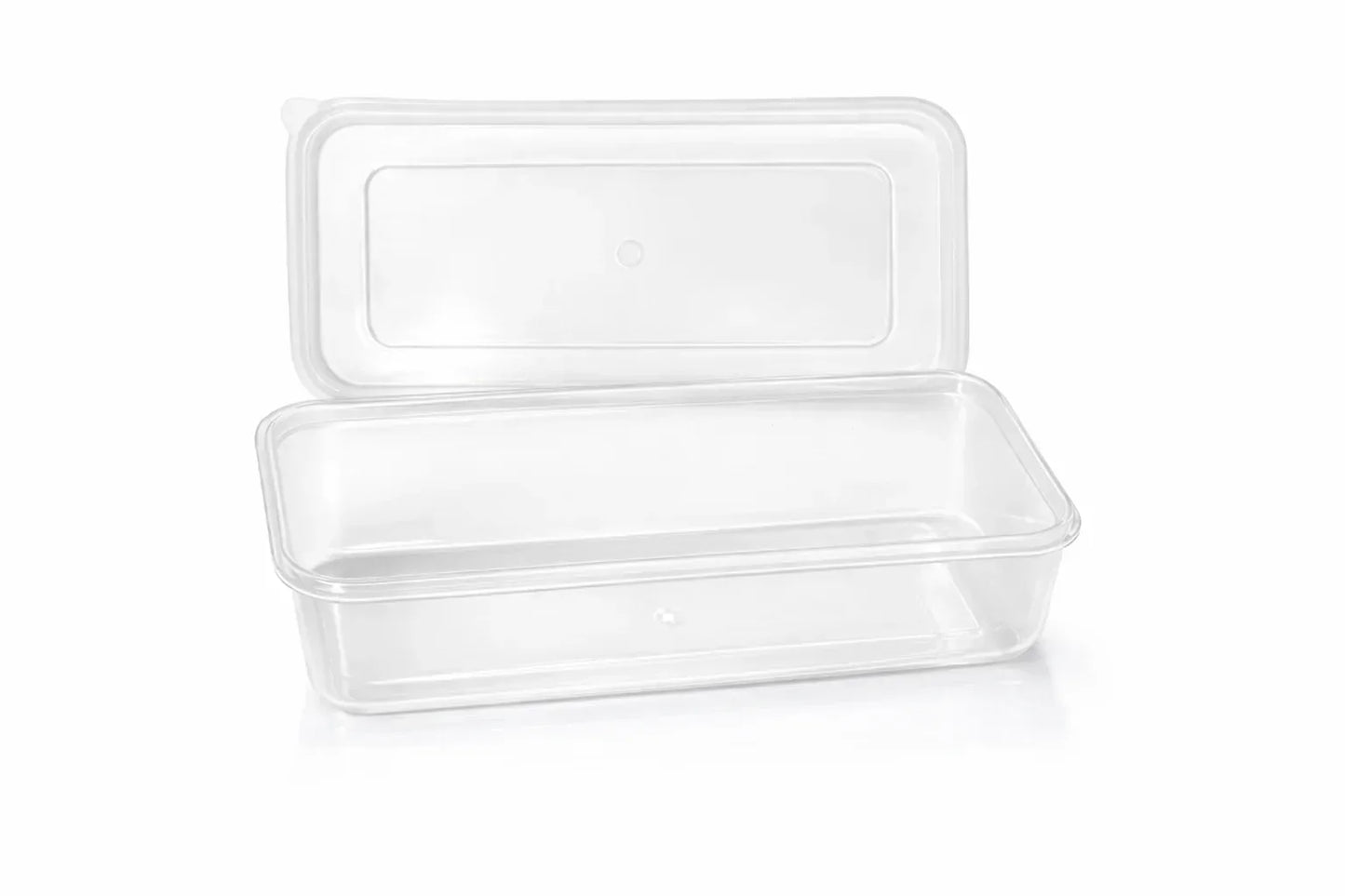 Clear plastic food container with lid on a white background