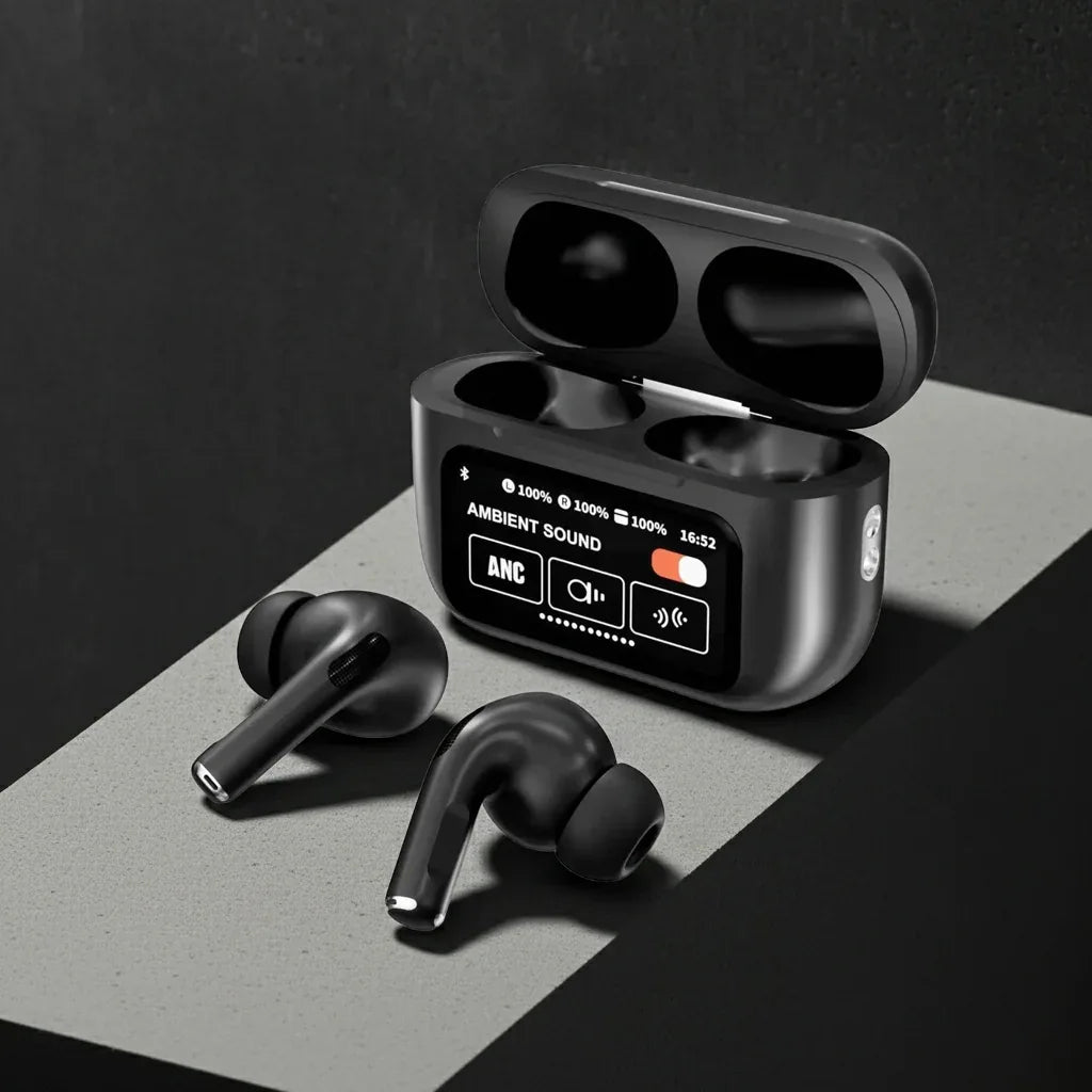 Black wireless earbuds with charging case on a dark surface