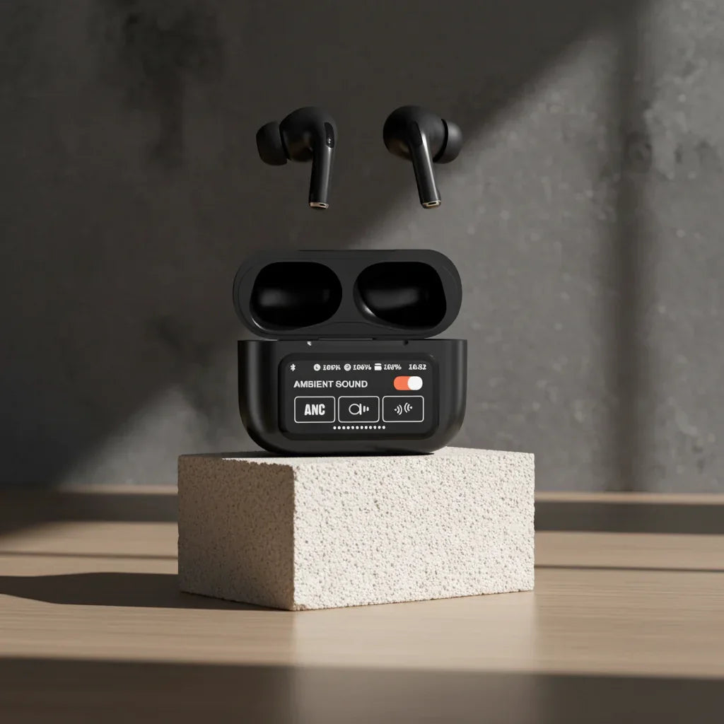Black wireless earbuds with charging case on a textured surface